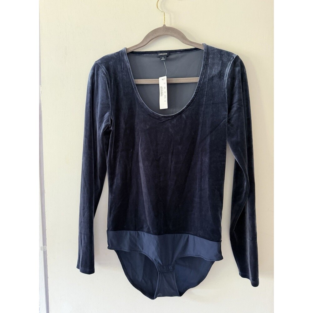 J Crew J8697 Navy Velvet Bodysuit Womens M Long Sleeve Scoop Neck NWT